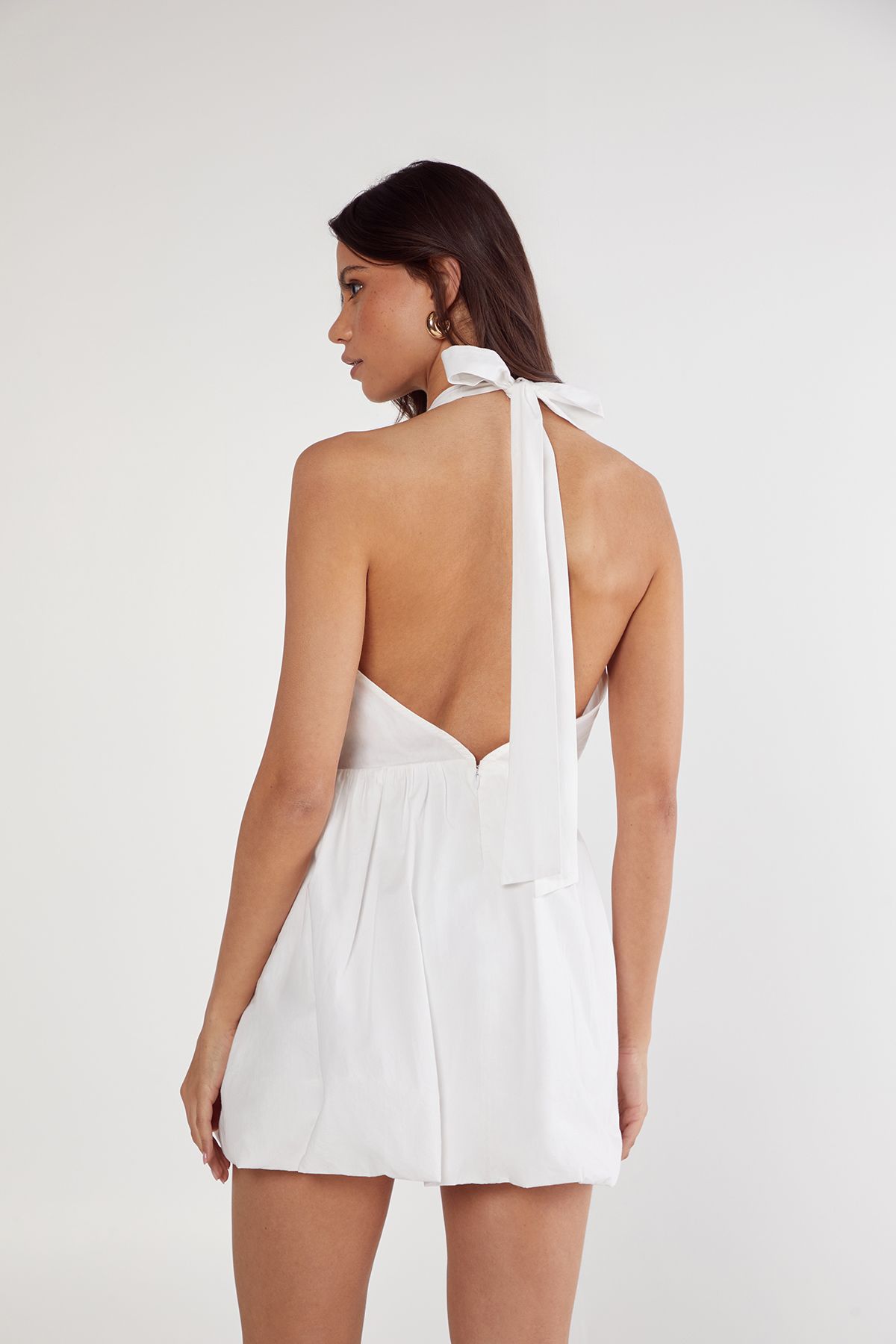 NastyGal Cotton Poplin Halter Neck Puffball Mini Dress White image 4