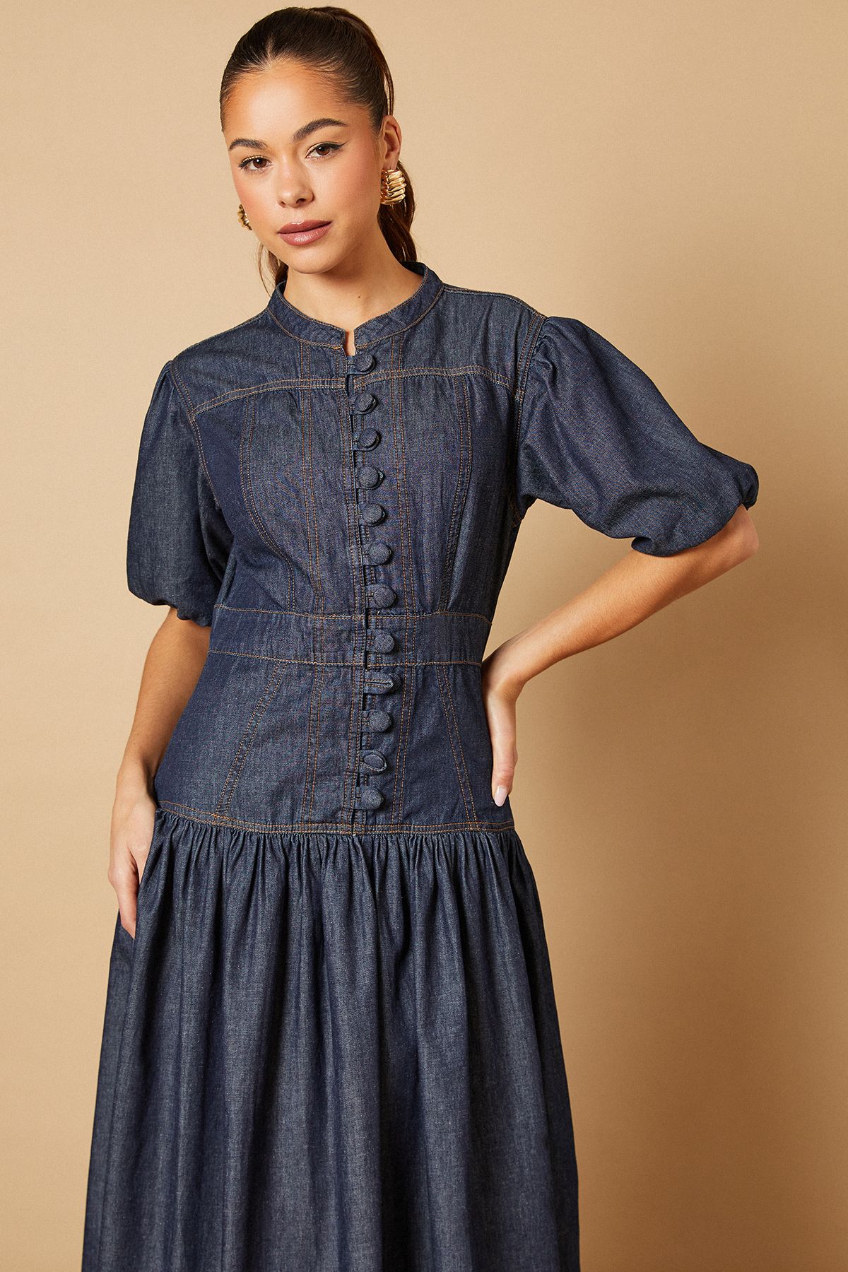 Oasis Drop Waist Button Up Denim Midi Dress Dark Wash image 3
