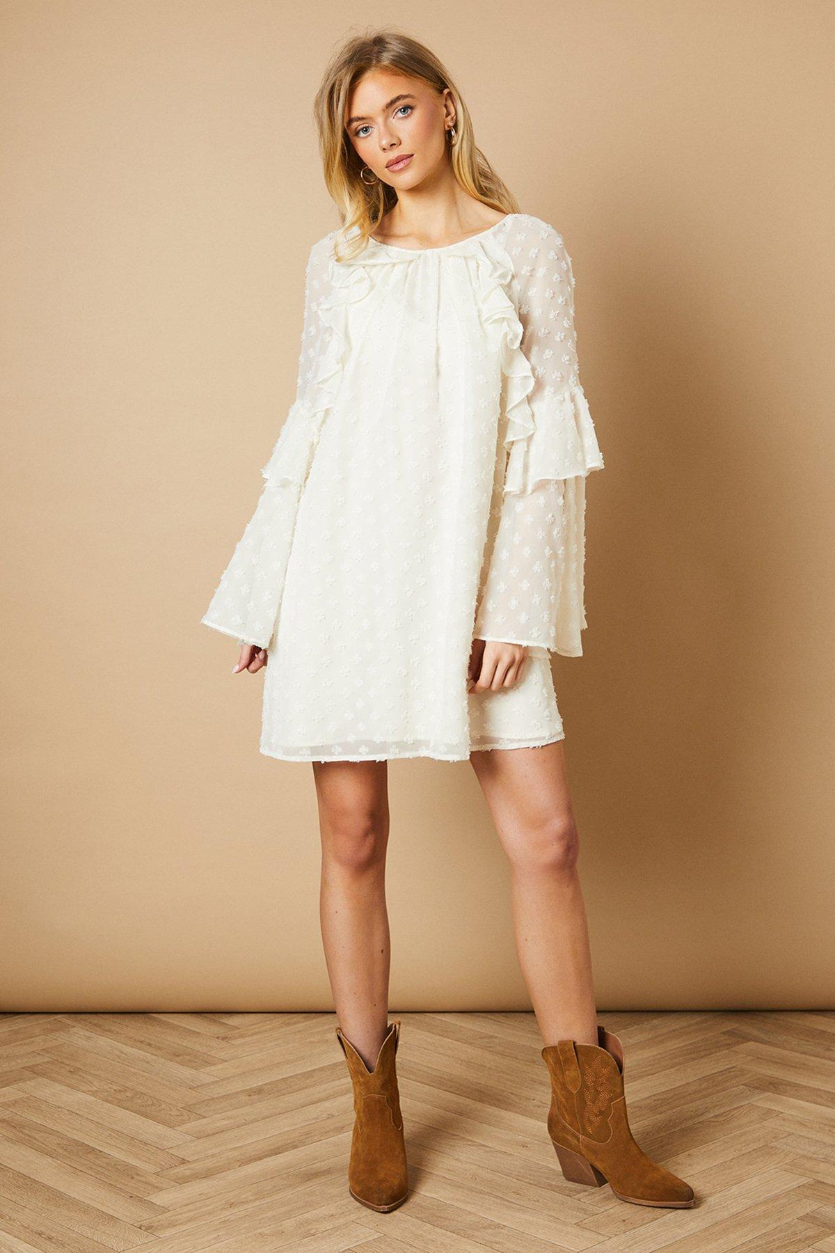 Oasis Dobby Chiffon Ruffle Sleeve Mini Dress Ivory image 2