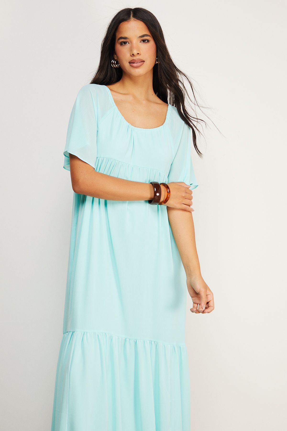 Warehouse Chiffon Tier Smock Midi Dress Blue image 2