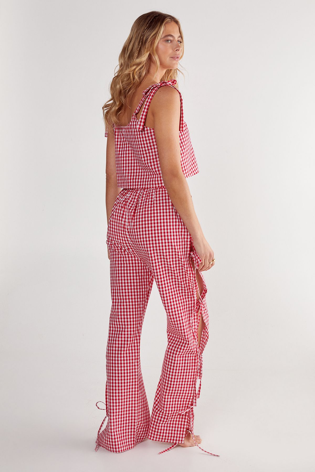 NastyGal Gingham Tie Side Pajama Pants Set Red image 3