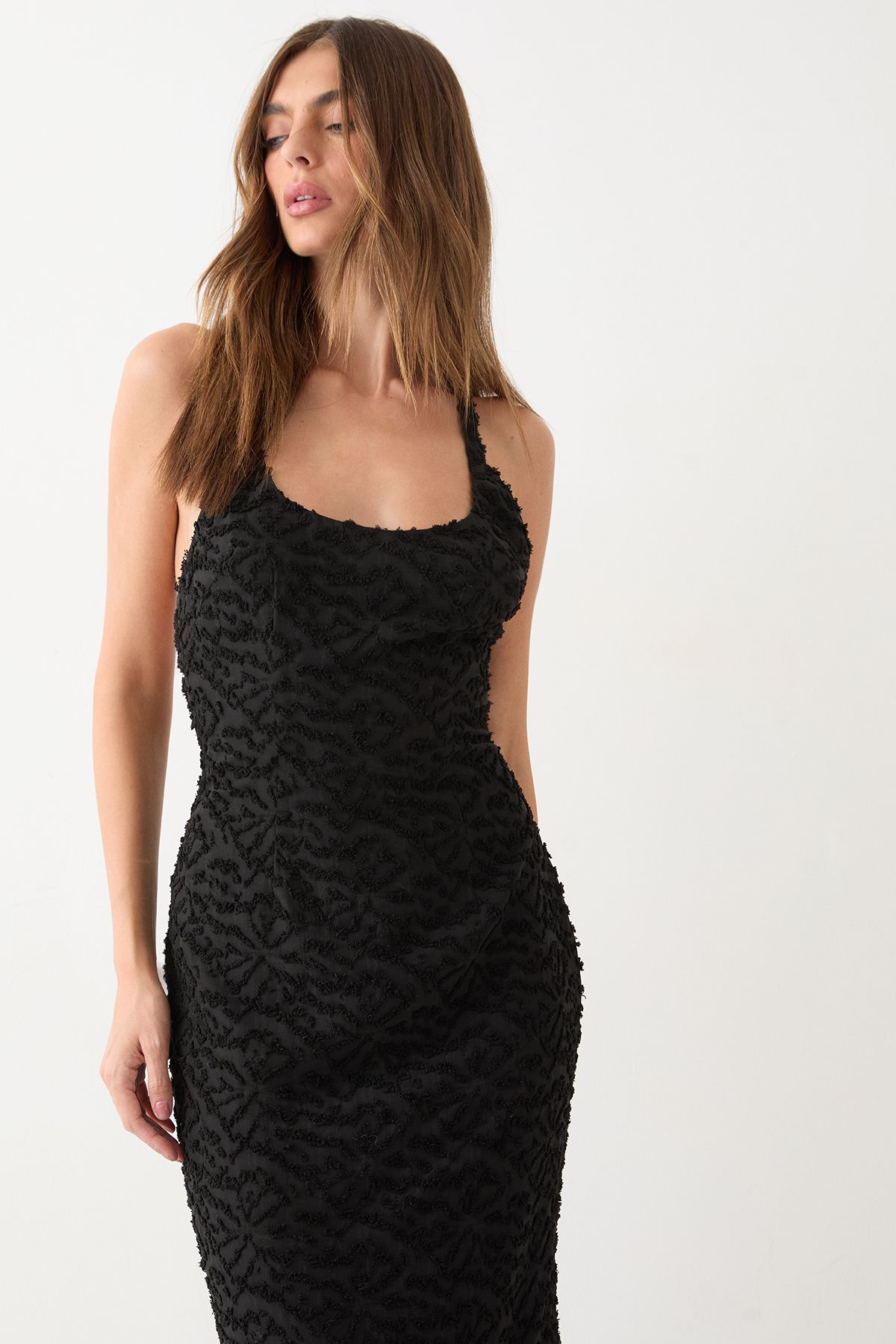 MissPap Textured Floral Chiffon Bias Maxi Black image 2