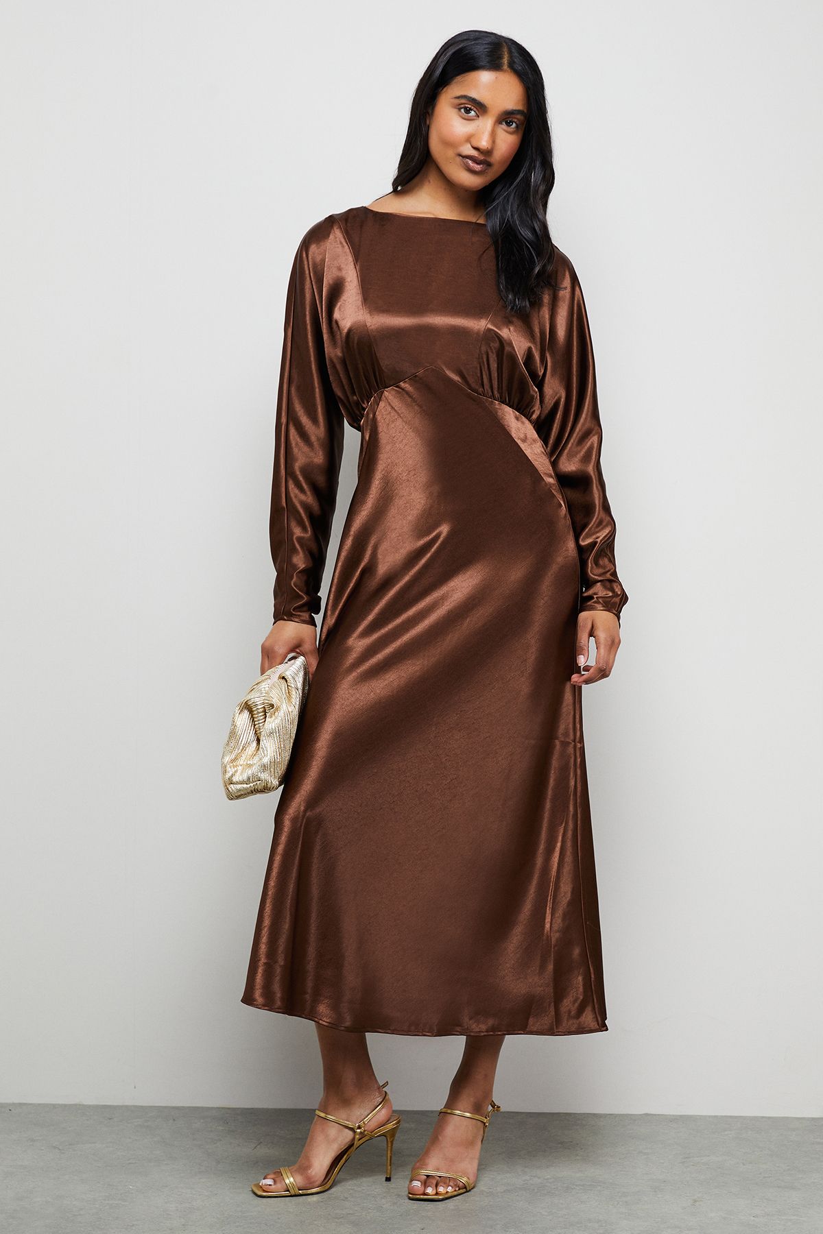 Warehouse Satin Batwing Draped Midaxi Chocolate image 1