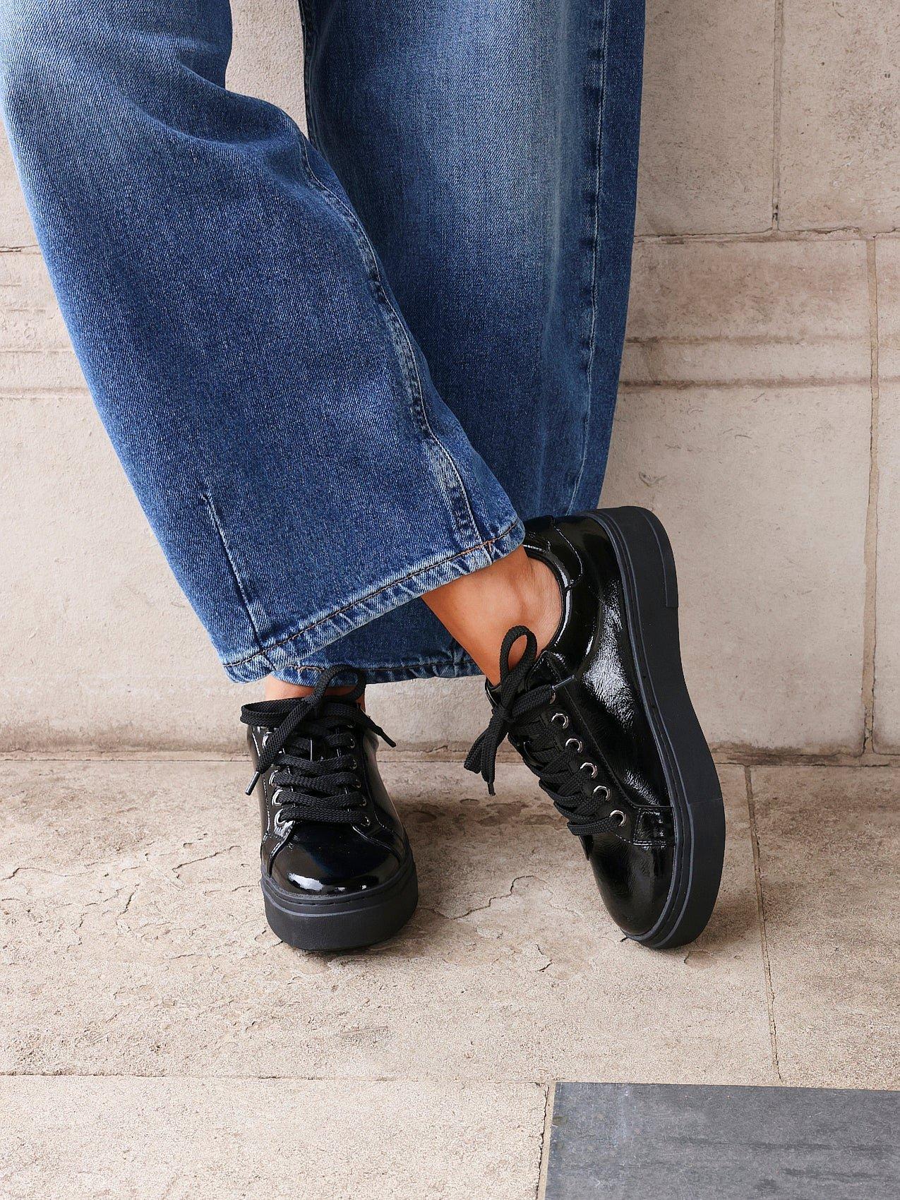 Linzi Reset Black Patent Lace Up Flatform Trainers image 2