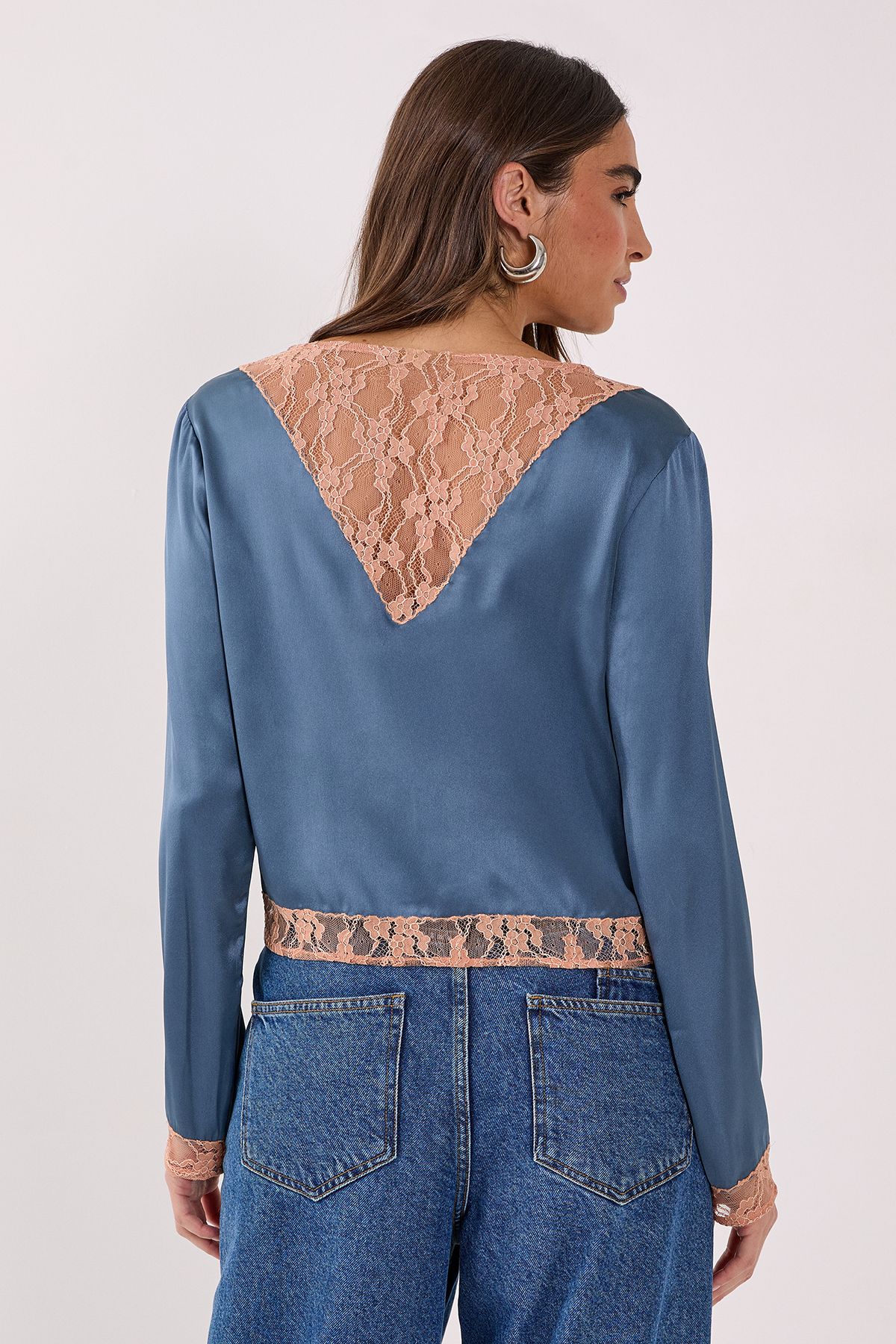 NastyGal Cutwork Lace Tie Front Long Sleeve Top Steel image 4