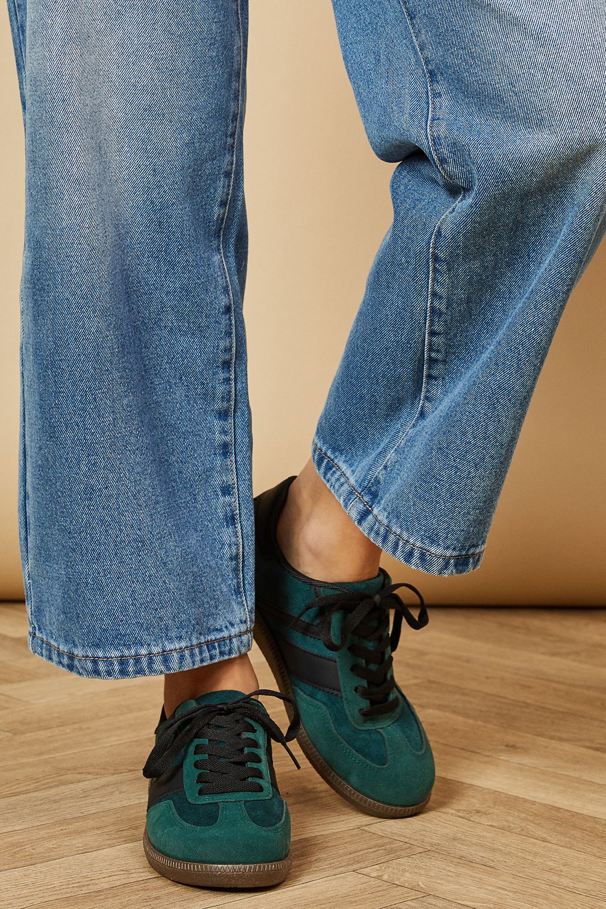 Oasis Anjali Faux Suede Contrast Stripe Lace Up Trainers Green image 2