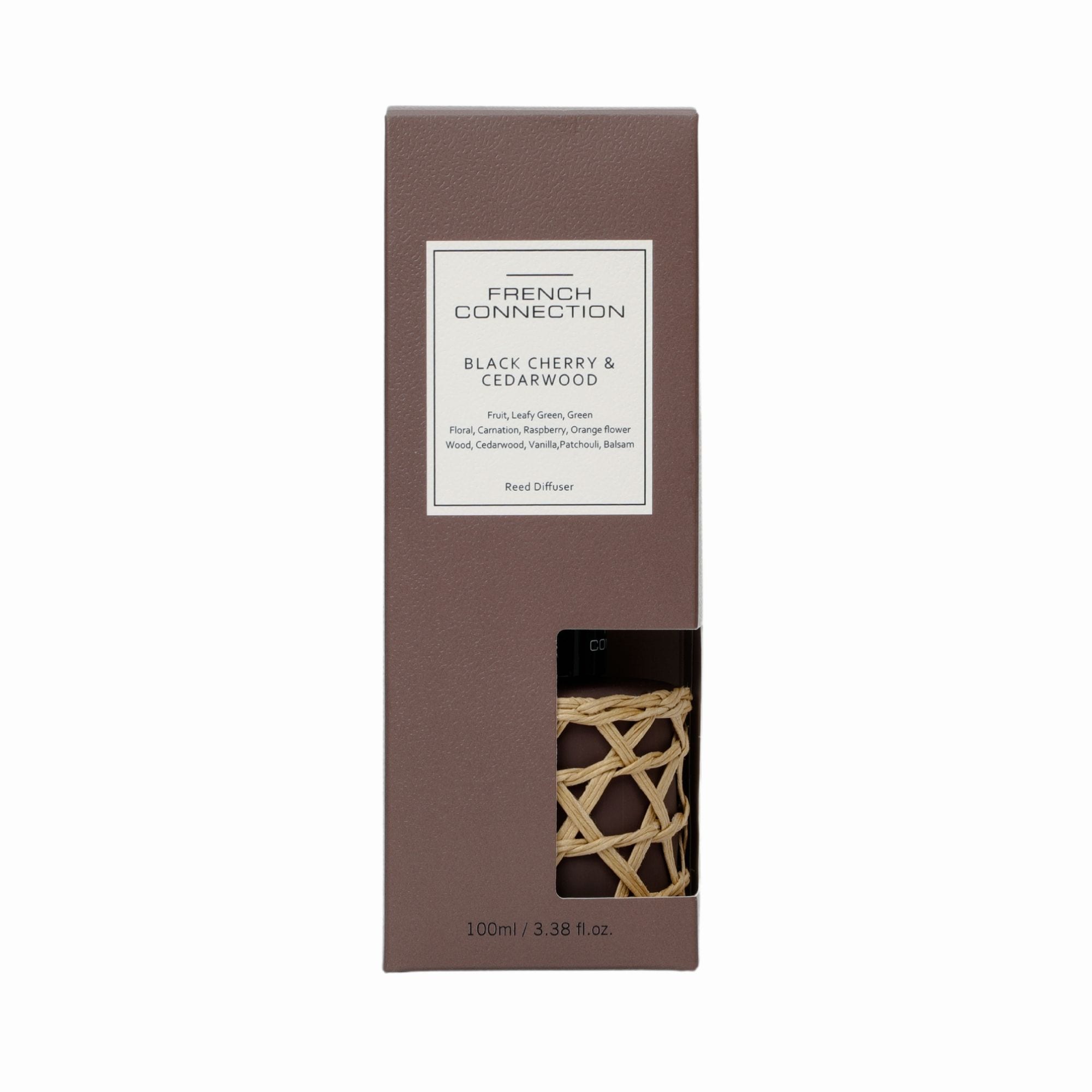 French Connection Black Cherry & Cedarwood Reed Diffuser 100ML Woven Rattan Detail Brown Colour image 2
