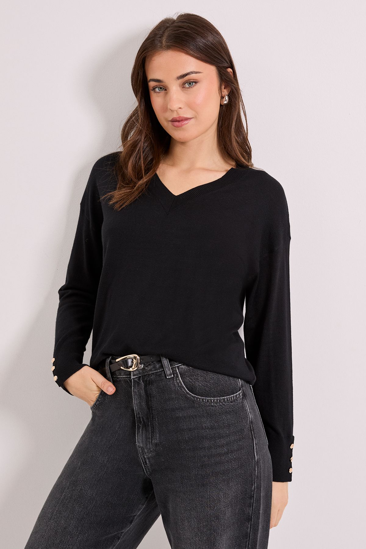 Dorothy Perkins Black V Neck Button Cuff Jumper Black image 1