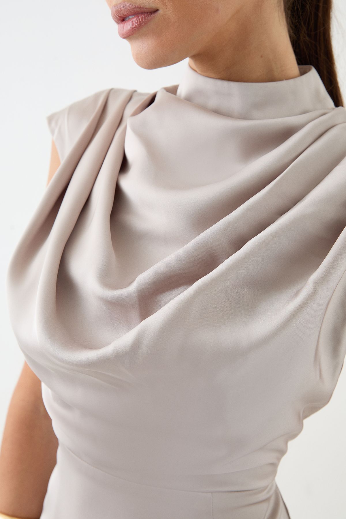 MissPap Drape Neck Detail Midi Dress Champagne image 4