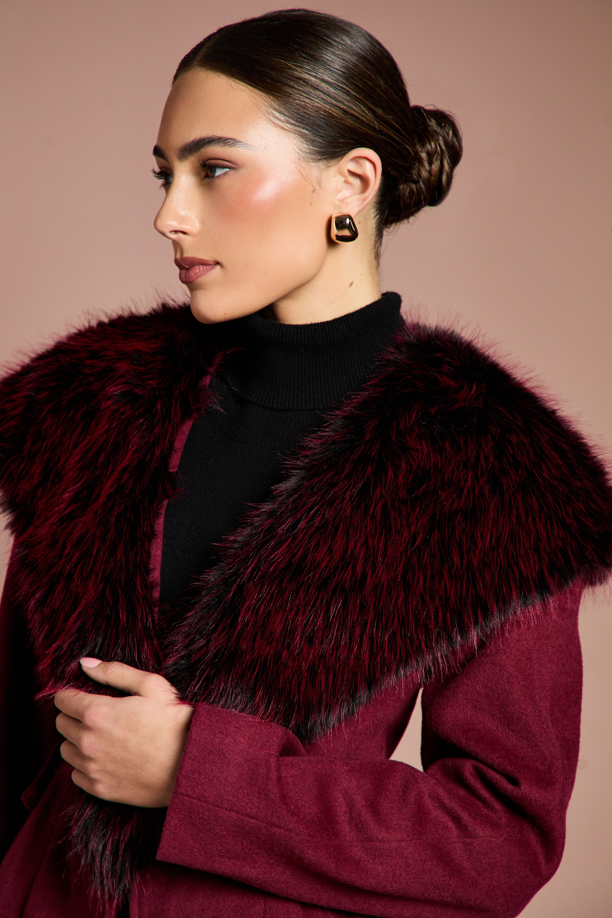 Coast Lisa Tan Fur Trim Premium Jacket With Wadding Burgundy image 2