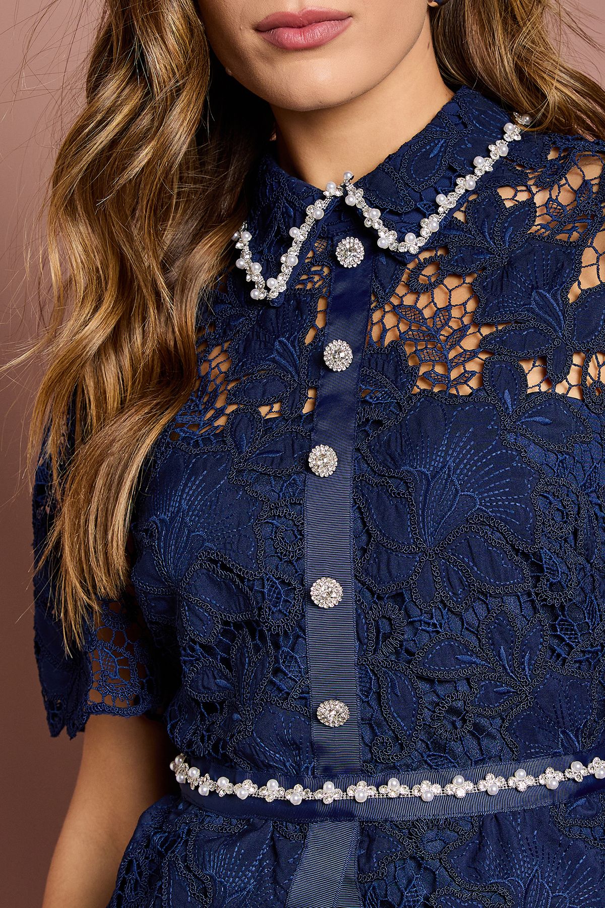 Coast Lace Top Pleat Skirt Jewel Button Dress Navy image 5