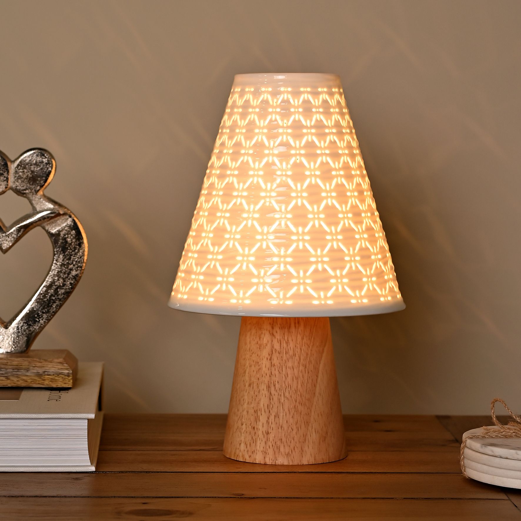Hestia White Ceramic Table Lamp With Wooden Base image 1