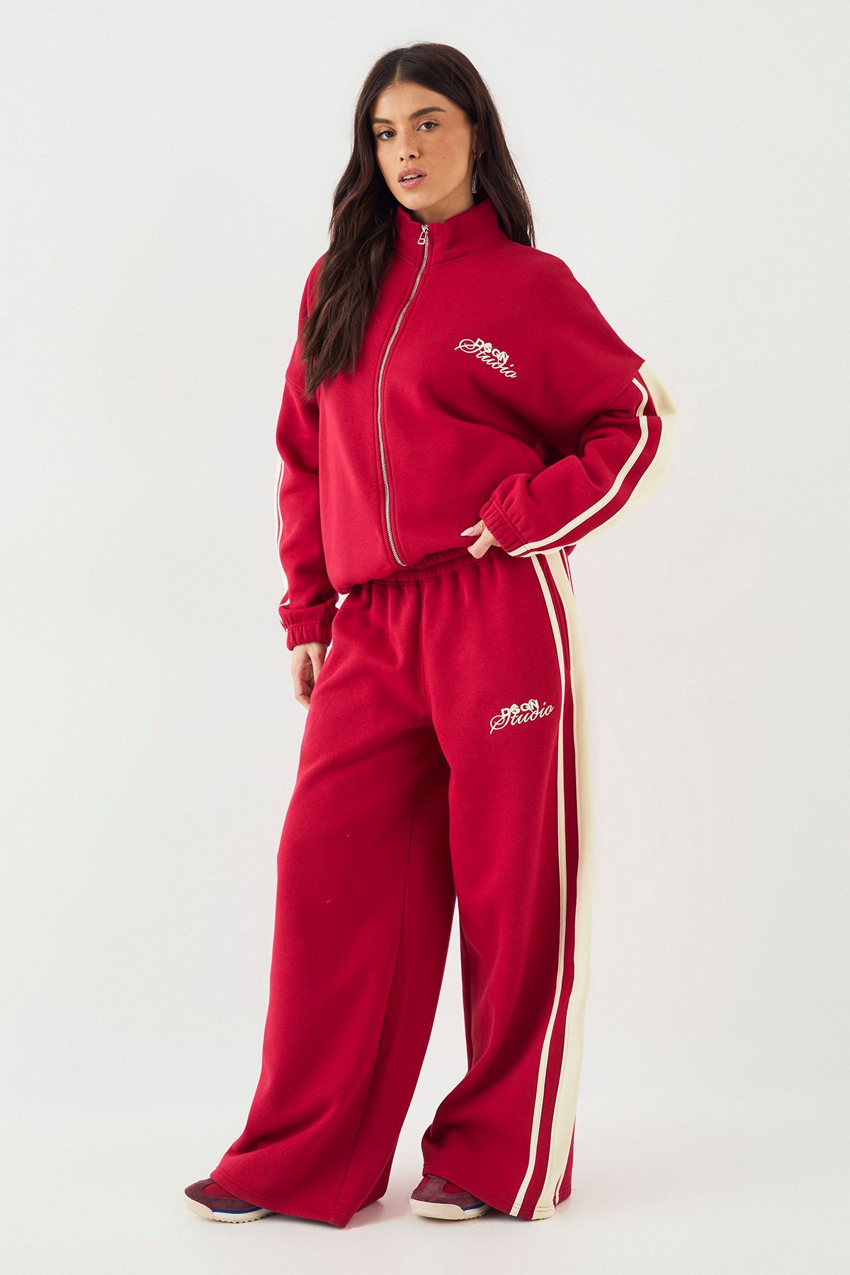 DSGN Studio DSGN Studio Side Stripe Funnel Neck Oversized Bomber Sweatshirt Red image 3