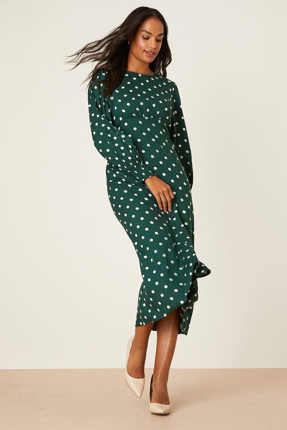 Dorothy Perkins Green Spot Long Sleeve Shirred Cuff Midi Dress Green image 1