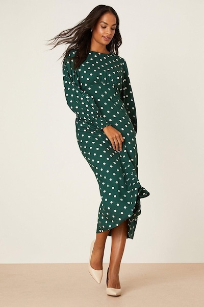 Dorothy Perkins Green Spot Long Sleeve Shirred Cuff Midi Dress Green