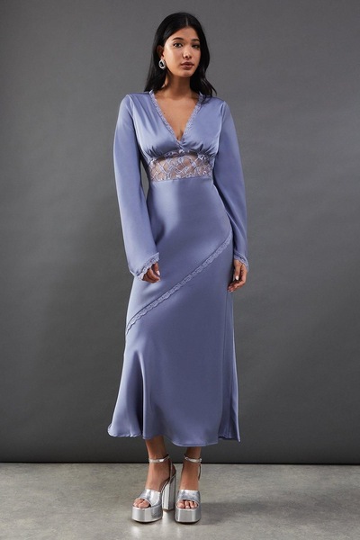 Warehouse Satin Lace Insert Flute Sleeve Midi Dress Denim-blue