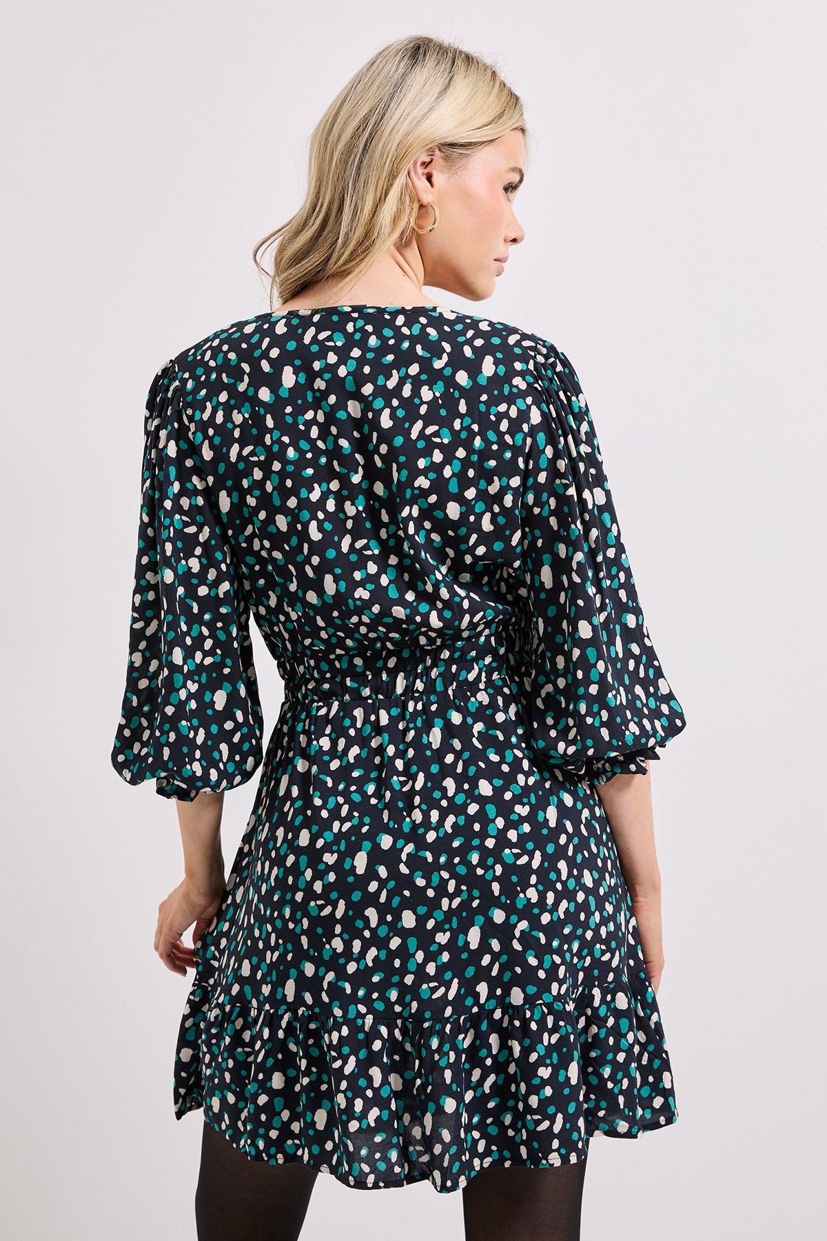 Dorothy Perkins Black Abstract Wrap Front Blouson Sleeve Mini Dress Black image 3