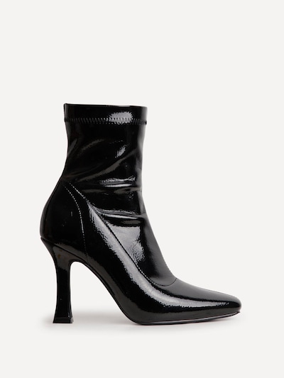 Linzi Lovato Black Faux Patent Leather Square Toe Heeled Sock Boot