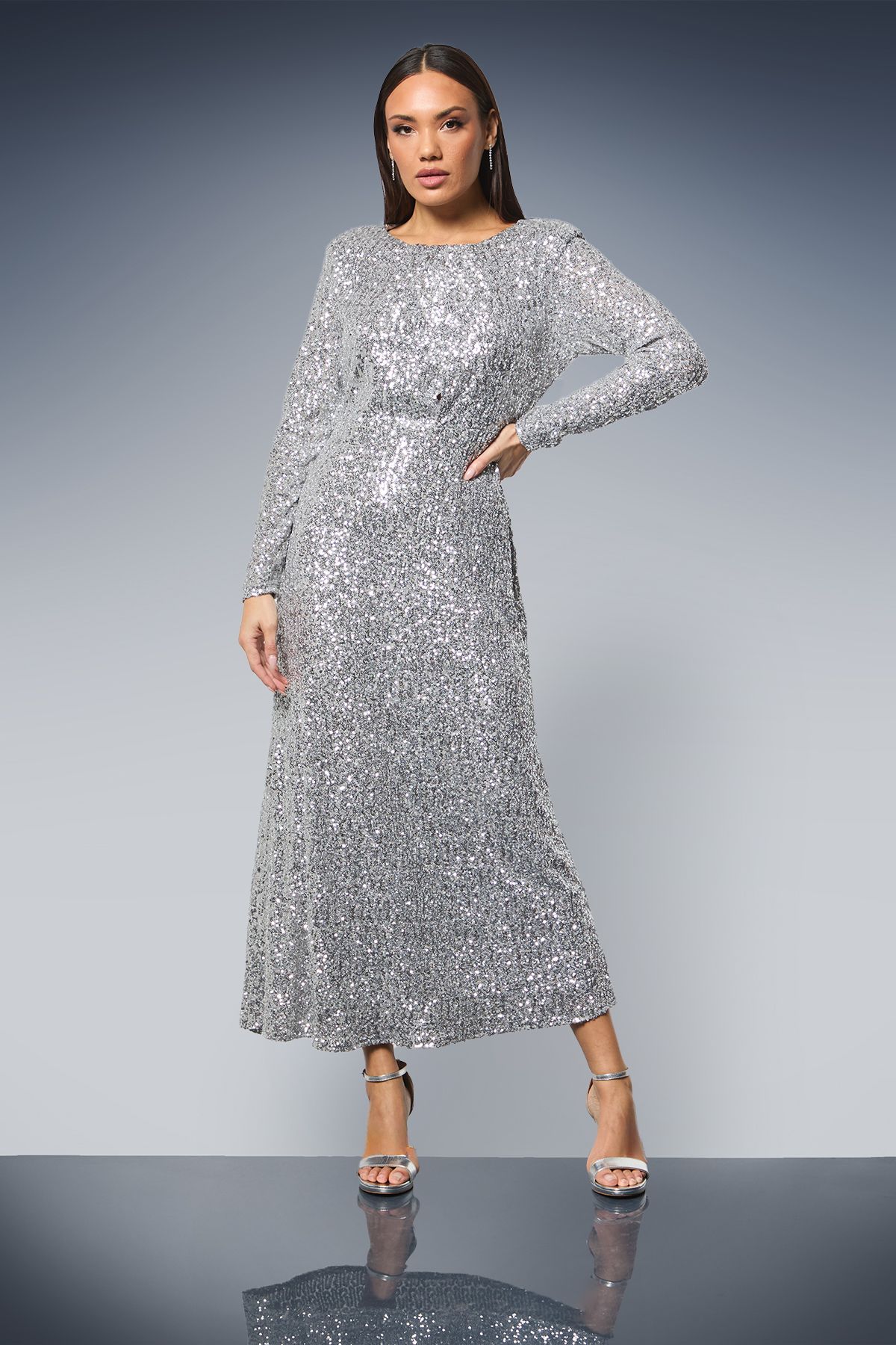 Principles Sequin Gathered Bodice Midaxi Dress Silver