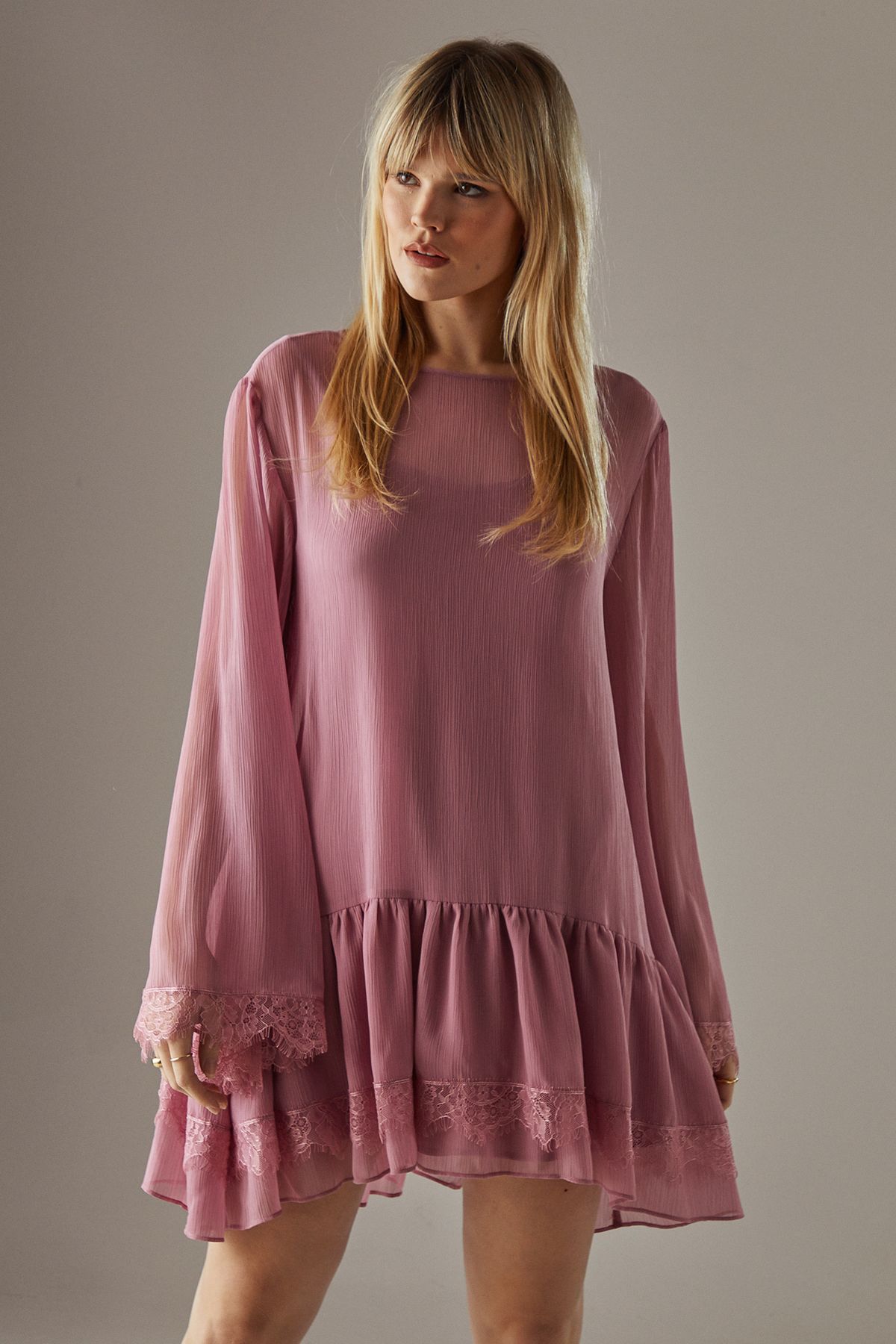 Warehouse Chiffon Lace Flared Sleeve Drop Hem Mini Dress Rose