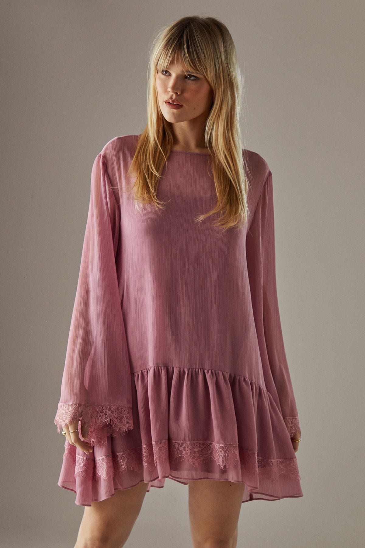 Warehouse Chiffon Lace Flared Sleeve Drop Hem Mini Dress Rose image 1