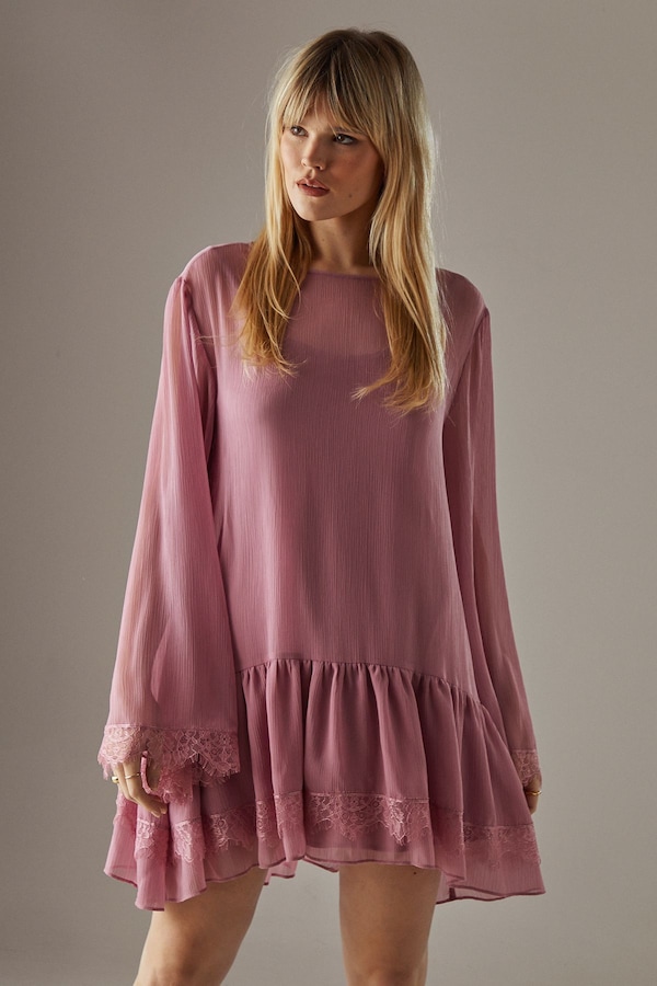 Warehouse Chiffon Lace Flared Sleeve Drop Hem Mini Dress Rose