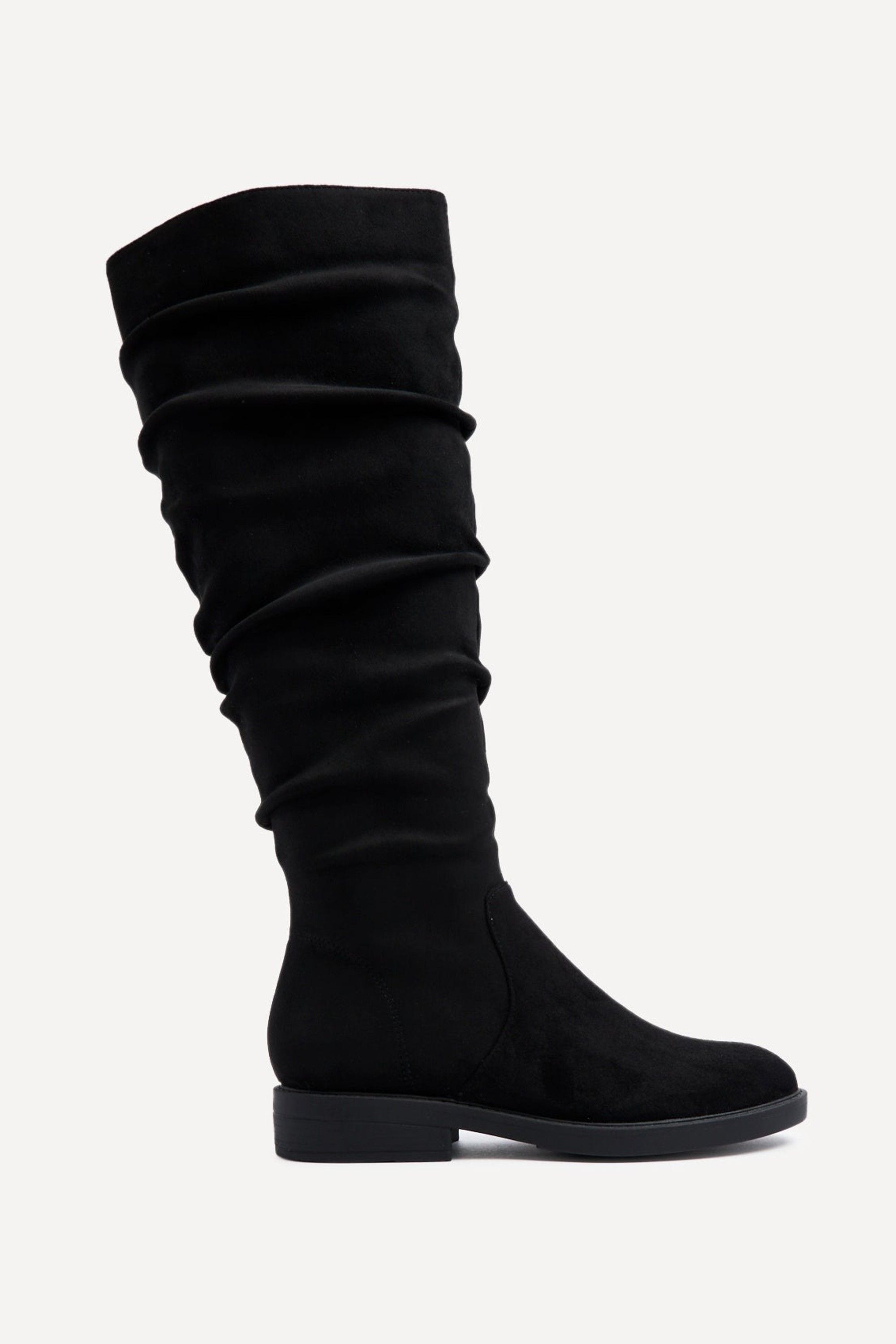 Linzi Liana Black Faux Suede Knee High Flat Ruched Boots image 1
