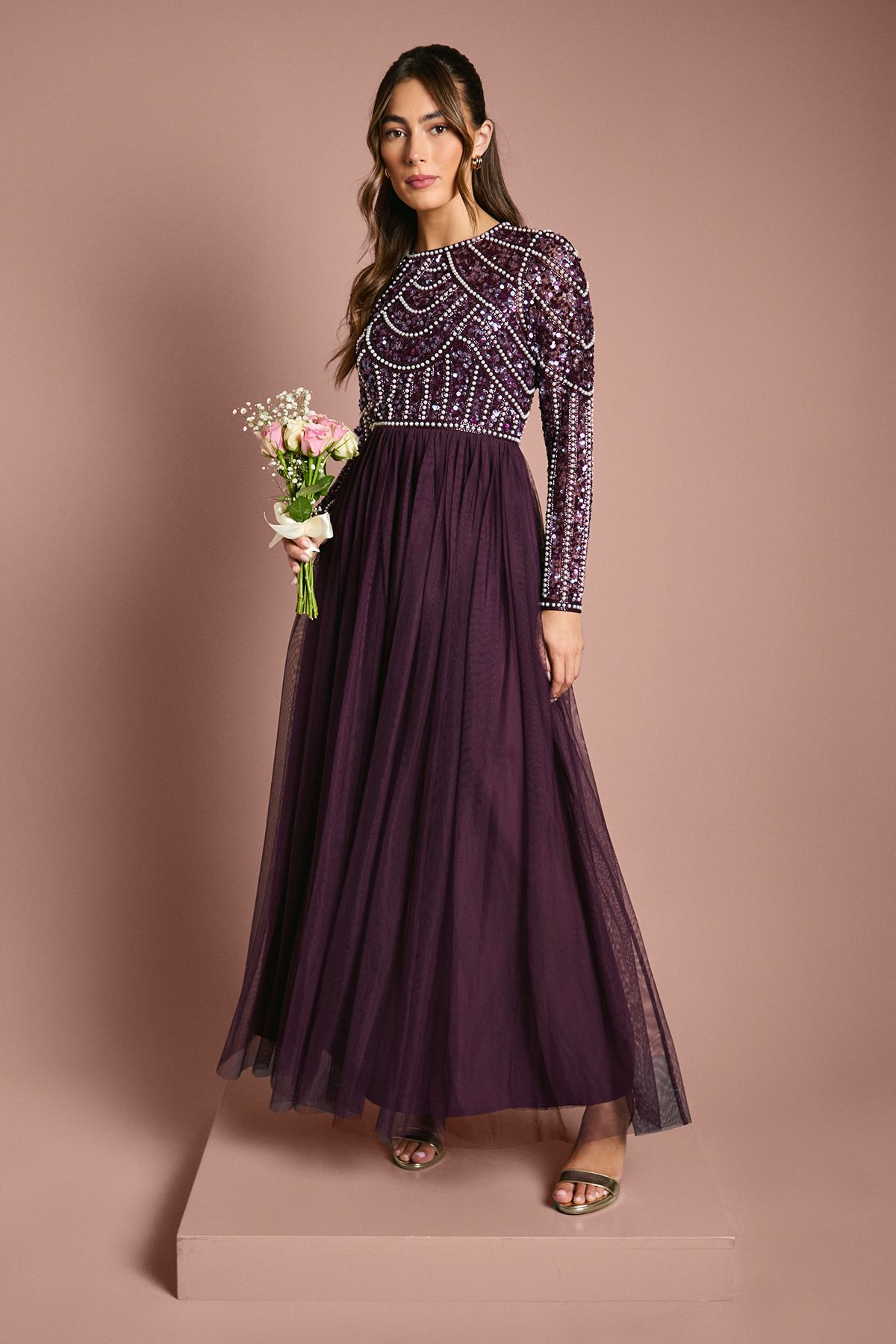 Coast Coast Honoured Long Sleeve Sequin Bodice Tulle Skirt Maxi Bridesmaid Dress Fig