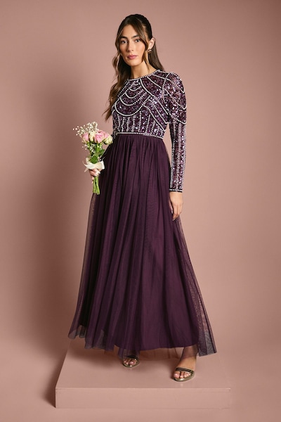 Coast Coast Honoured Long Sleeve Sequin Bodice Tulle Skirt Maxi Bridesmaid Dress Fig