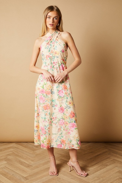 Oasis Occasion Floral Halterneck Jacquard Midi Dress Cream