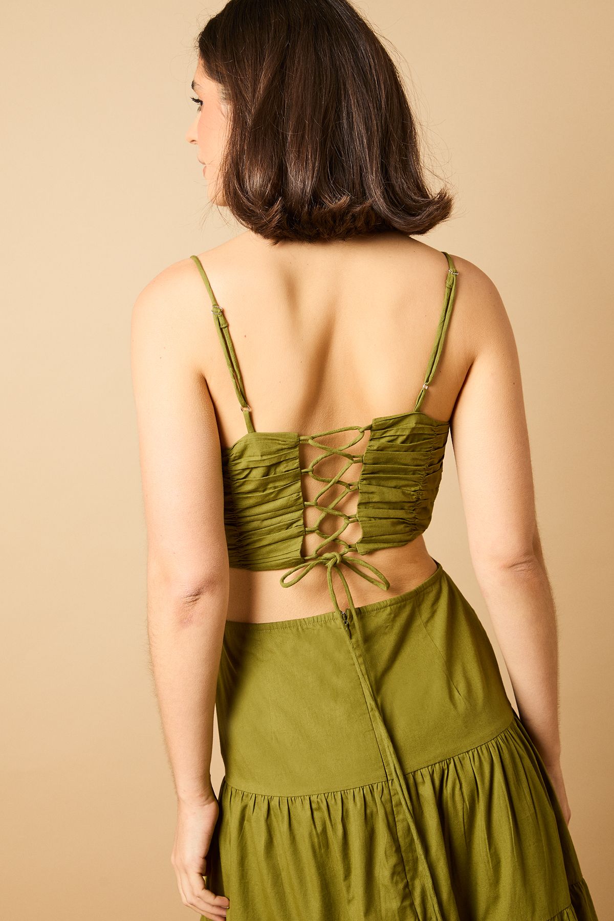 Oasis Gathered Bodice Tie Back Maxi Dress Olive image 5