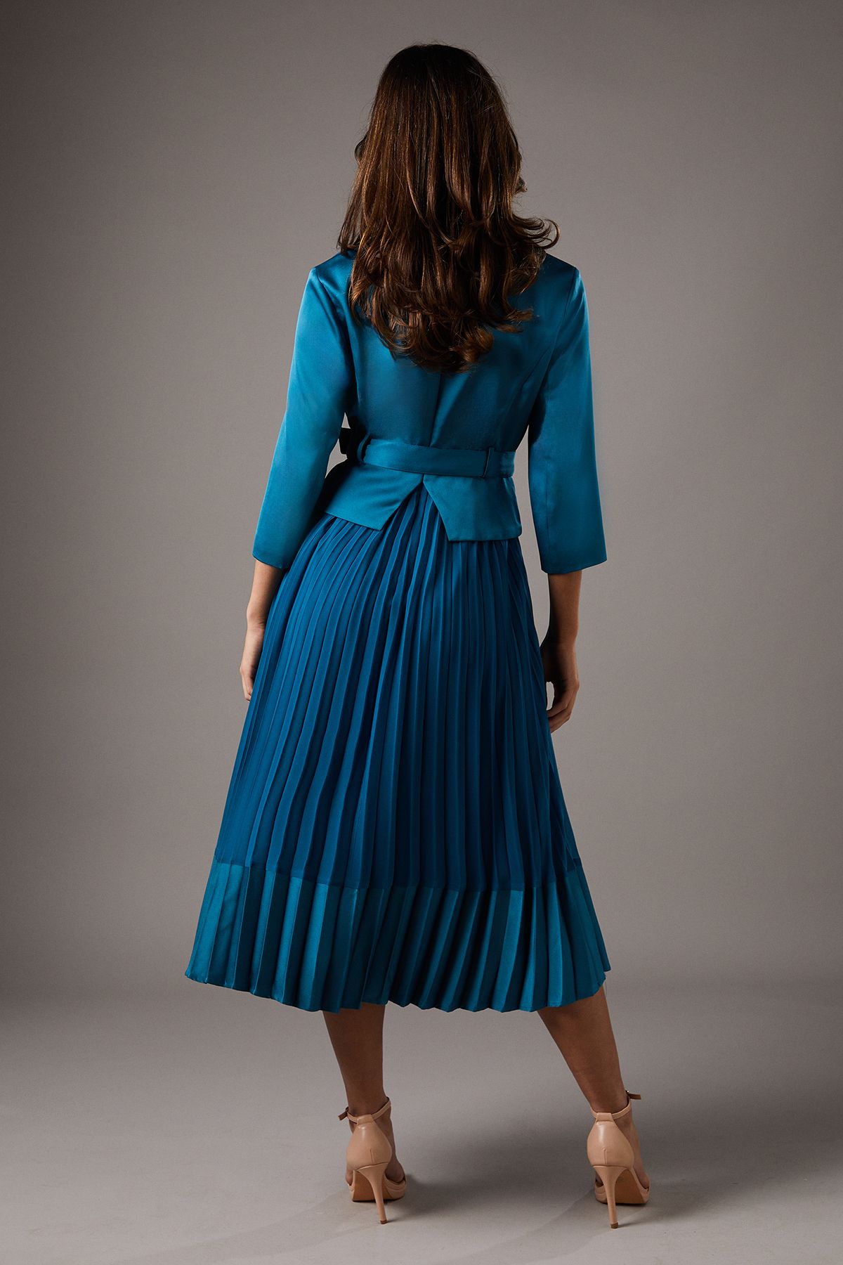 Coast Satin Bodice ¾ Sleeve Pleat Skirt Belted Midi Wedding Guest Dress Teal image 4