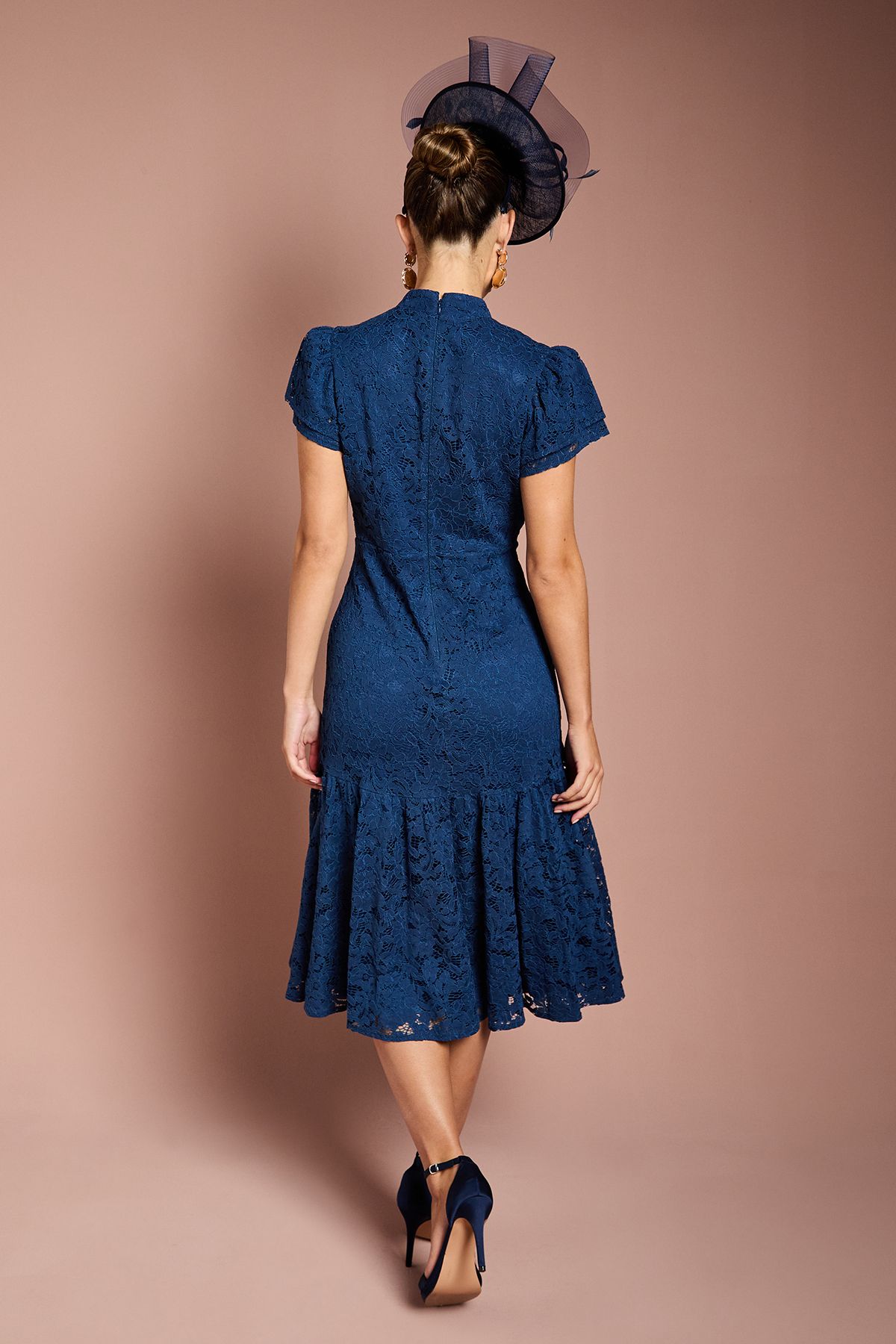 Coast Lace Frill Sleeve High Neck Midi Dress Navy image 3