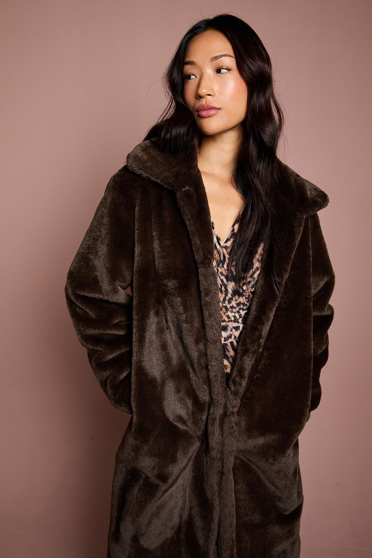 Coast Chocolate Faux Fur Longline Collared Coat Chocolate image 2