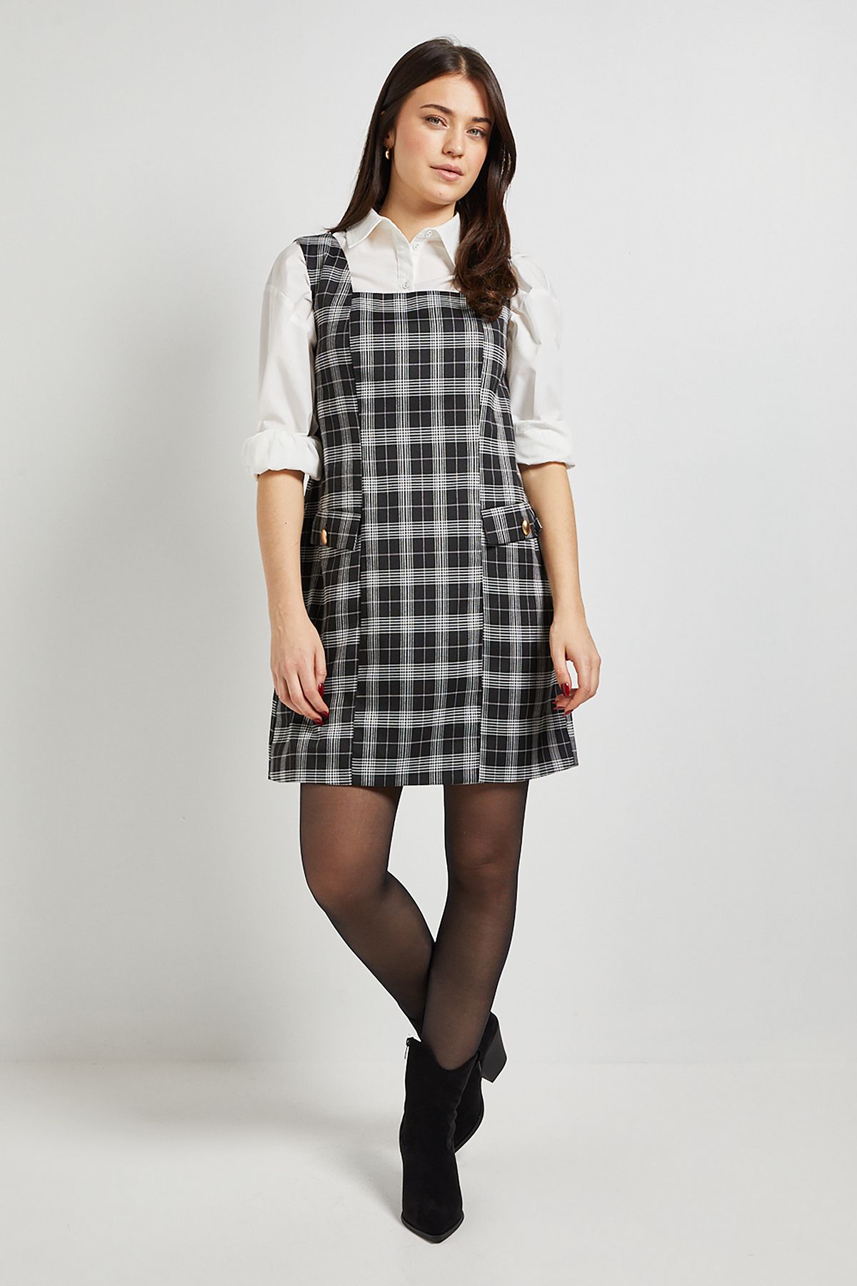 Dorothy Perkins Black Check Pocket Detail Tie Back Pinafore Mini Dress Black