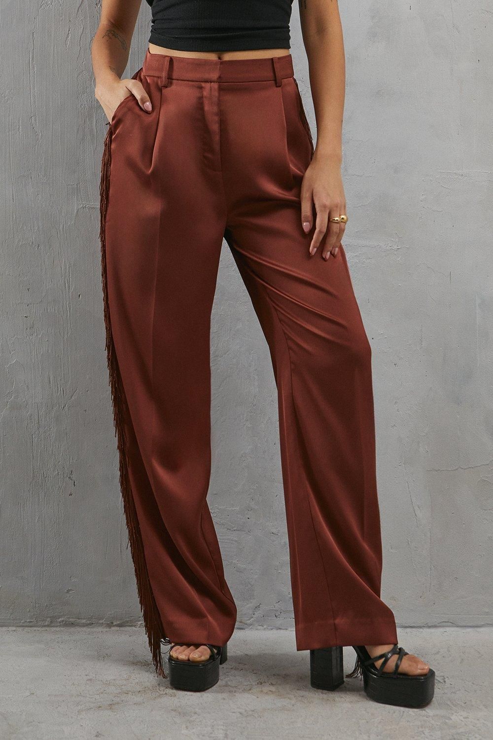 Warehouse Premium Fringe Side Straight Leg Trouser Chocolate image 1