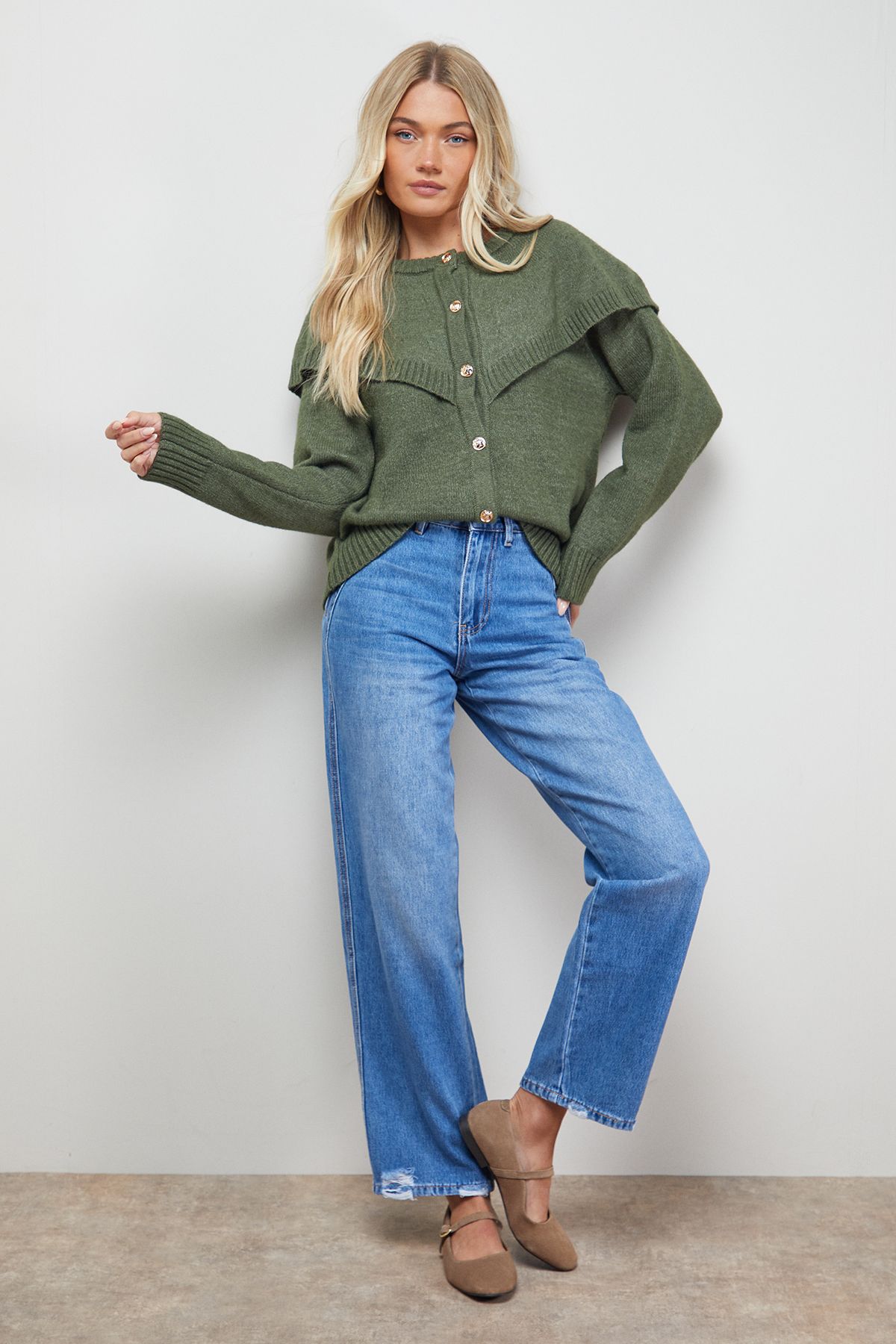 Oasis Cape Detail Button Down Crew Neck Cardigan Khaki image 1