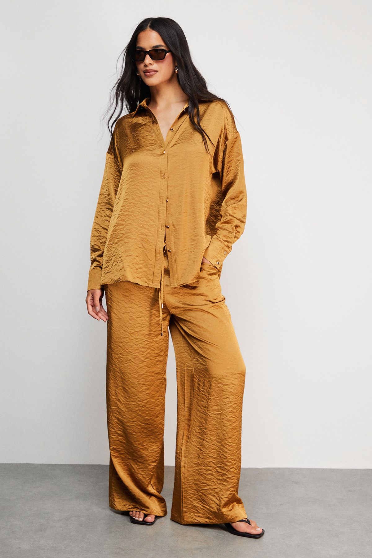 Warehouse Hammered Satin Oversized Shirt Gold image 2