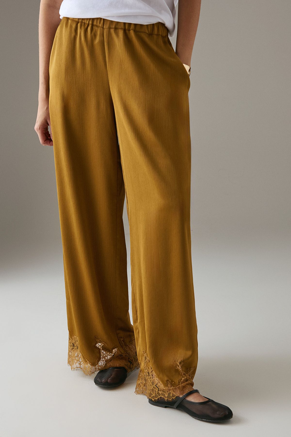 Warehouse Satin Lace Insert High Waisted Wide Leg Trousers Ochre image 1