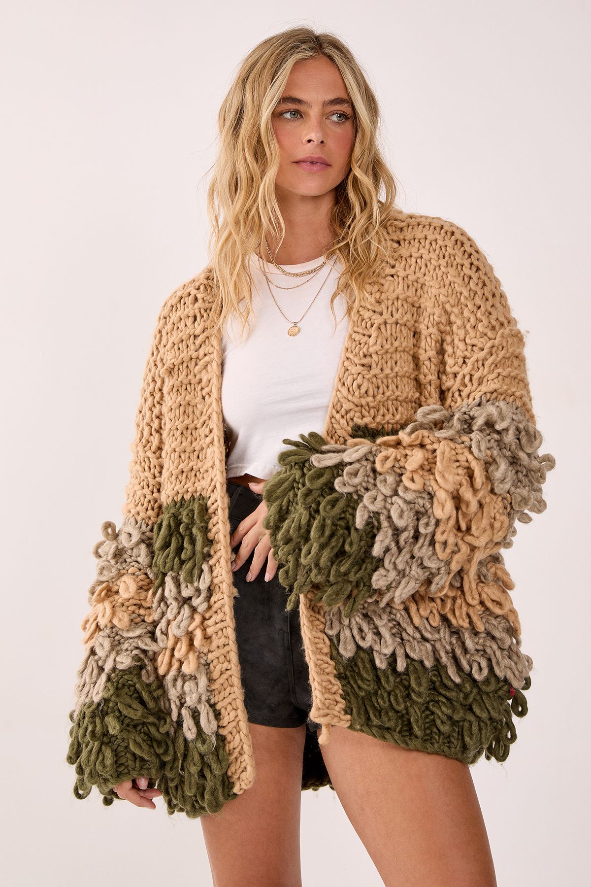 NastyGal Extreme Stripe Loopy Cardigan Beige image 4