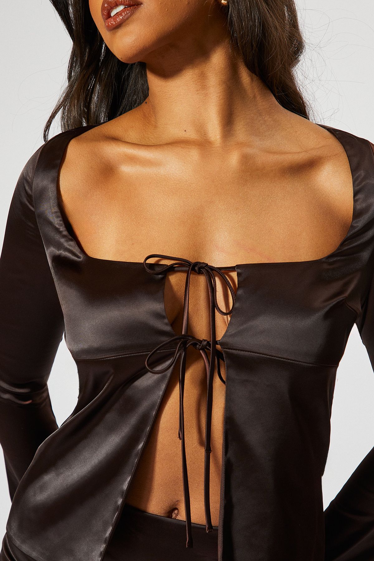 MissPap Satin Tie Front Top & Skirt Co-ord Chocolate image 2