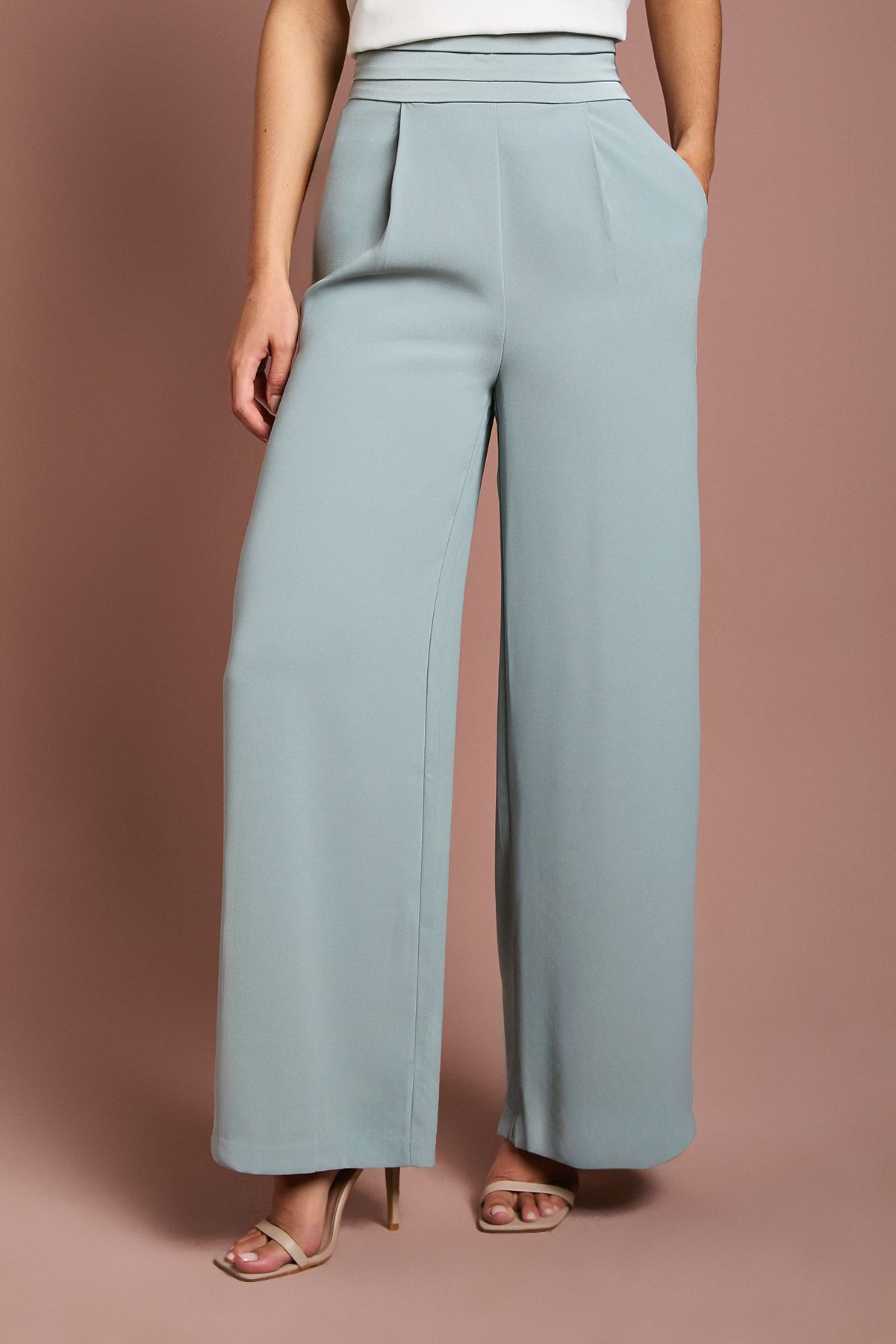 Coast Wide Leg Trouser With Satin Pleated Waistband Grey Blue image 2