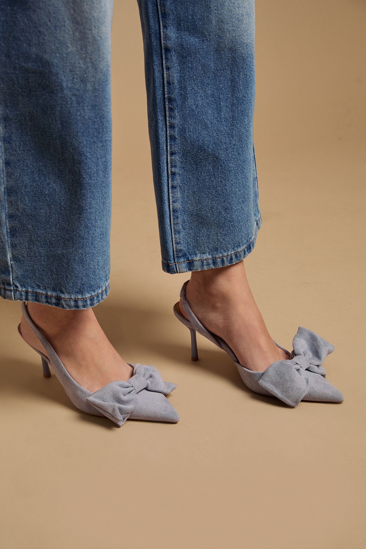 Oasis Rose Faux Suede Bow Detail High Stillo Heeled Slingback Court Shoes Blue