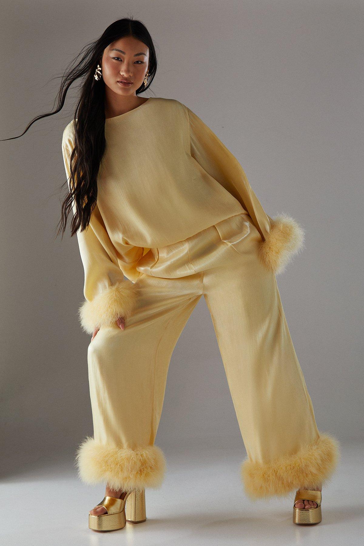 Warehouse Petite Premium Iridescent Feather Cuff Wide Leg Trouser Lemon image 1