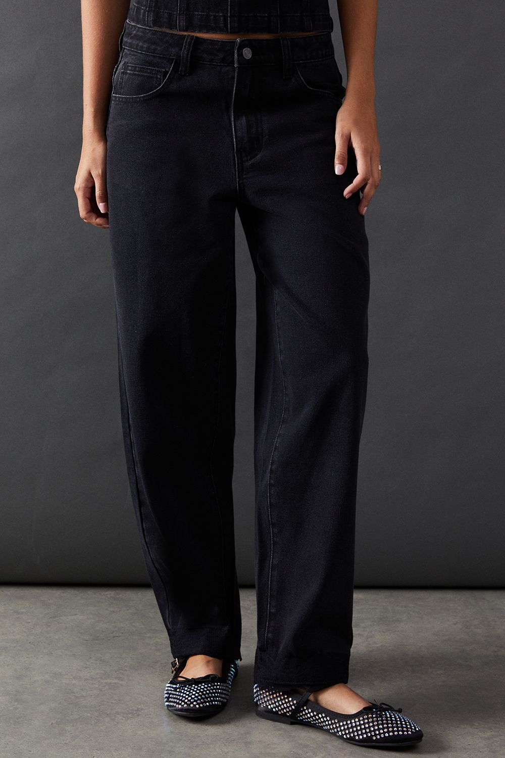 Warehouse Denim Lace Trim Mid Rise Barrel Jeans Washed Black image 1