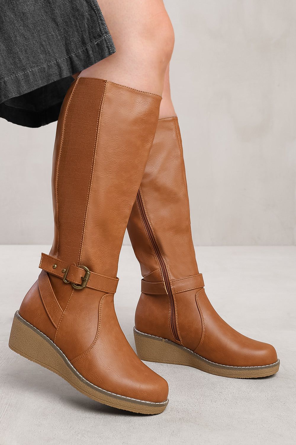 Where's That From 'Ayleen' Wide Calf Wedge Heel Knee High Boots With Elastic Panel image 3