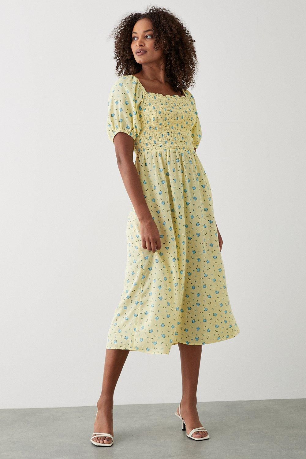 Dorothy Perkins Yellow Ditsy Floral Shirred Midi Dress Yellow image 1