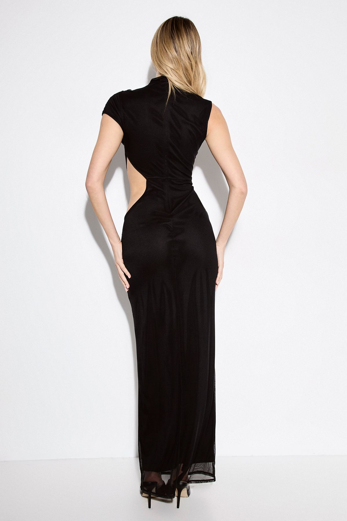MissPap Gathered Mesh Cut Out High Neck Maxi Dress Black image 3