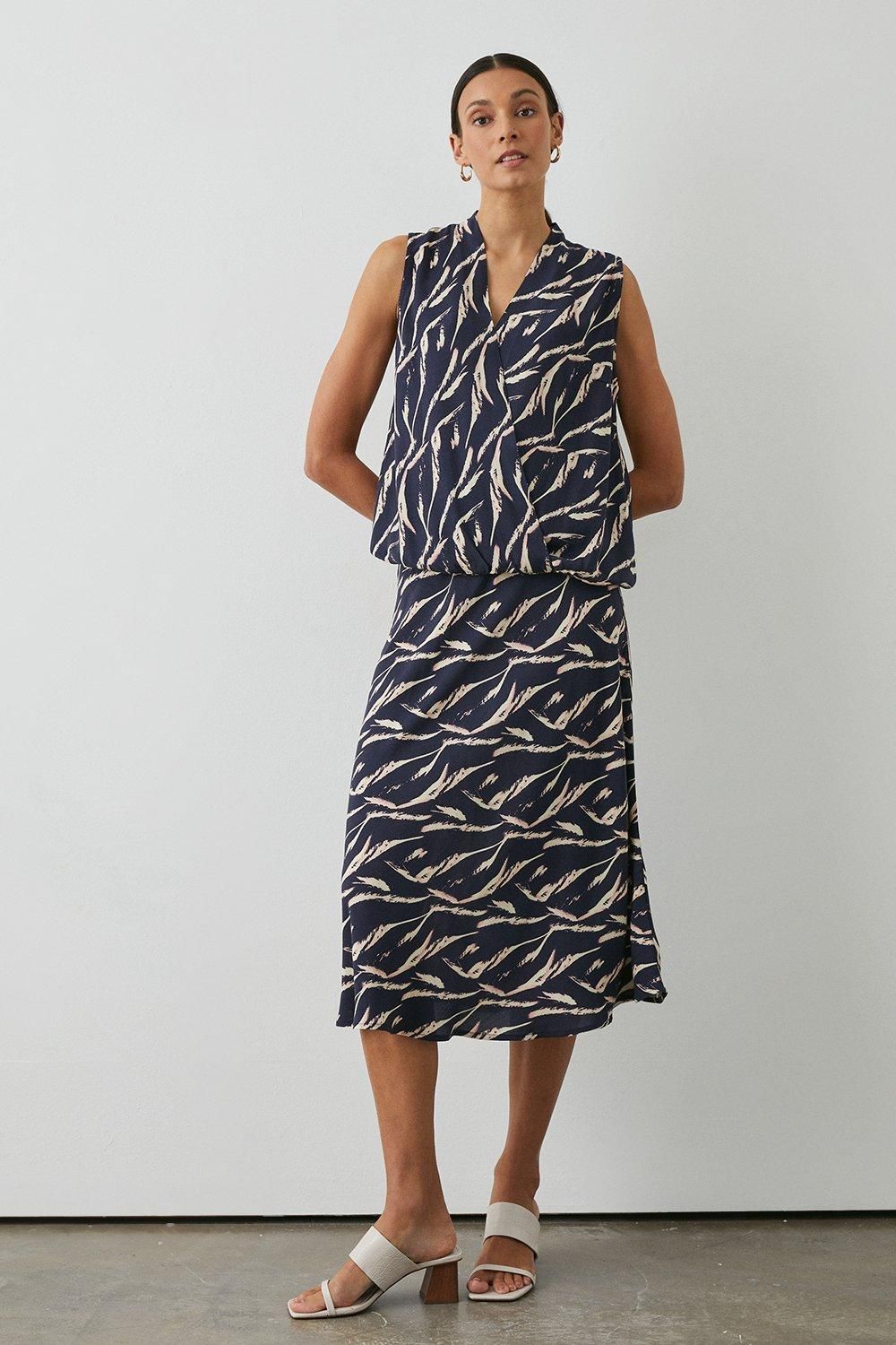 Principles Navy Feather Print Sleeveless Gather Detail Wrap Top Navy image 2