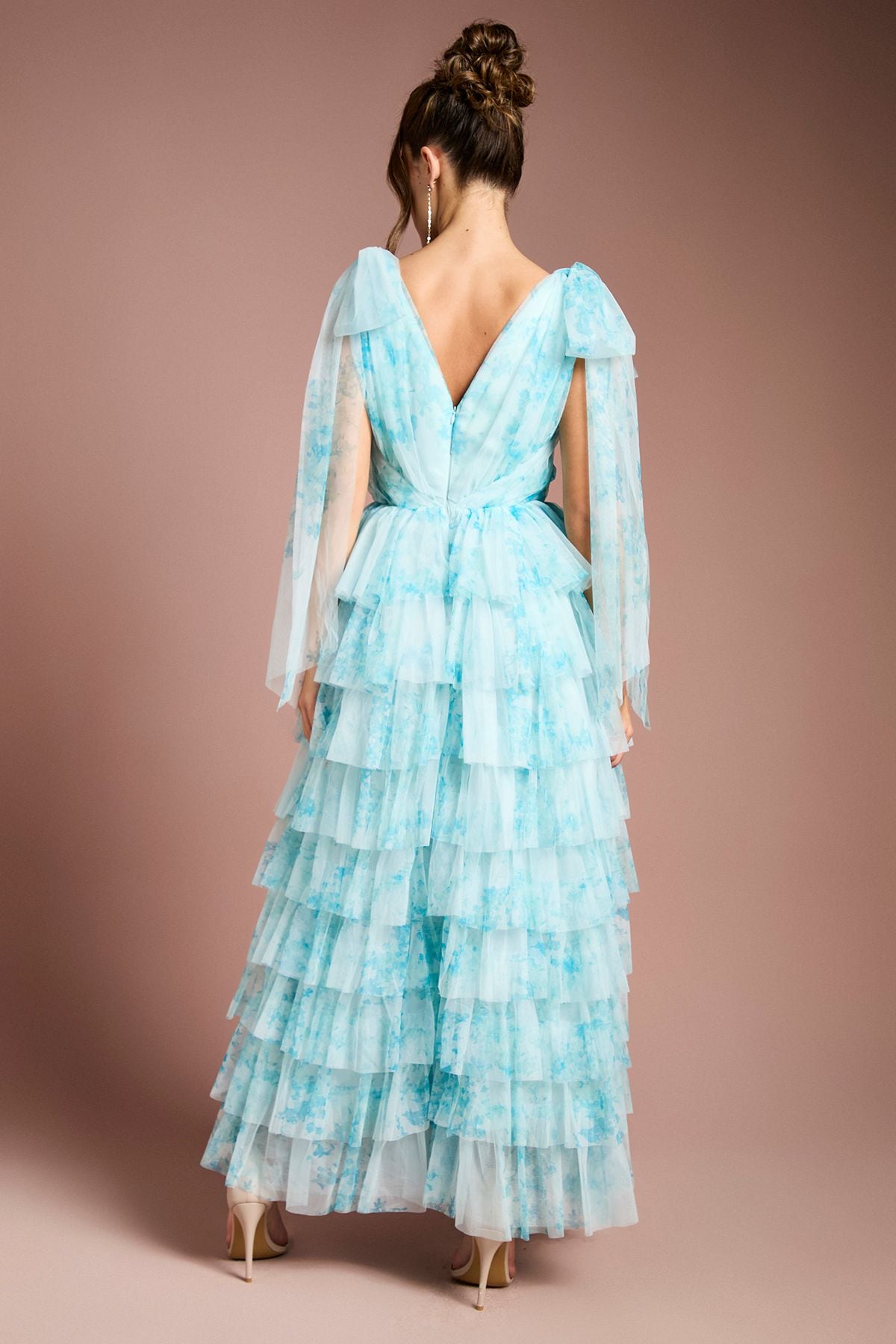 Coast Printed Ruffle Mesh Maxi Dress Blue image 3